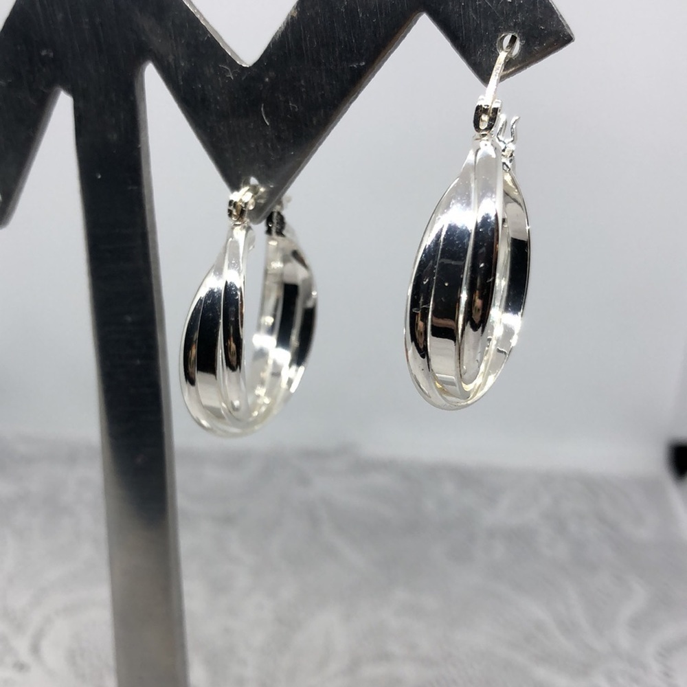STERLING silver hooks silver plated triple hoop modernist twist earrings.